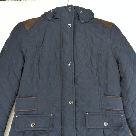 Laundry Shellie Segal Navy Blue Quilted Jacket Women Medium Faux Fur Hood Casual - Picture 3 of 9